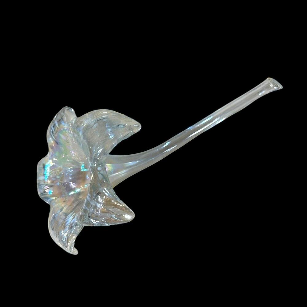 Vintage Handblown Iridescent Glass Lily Stem 8" White Trumpet Flower Art Glass